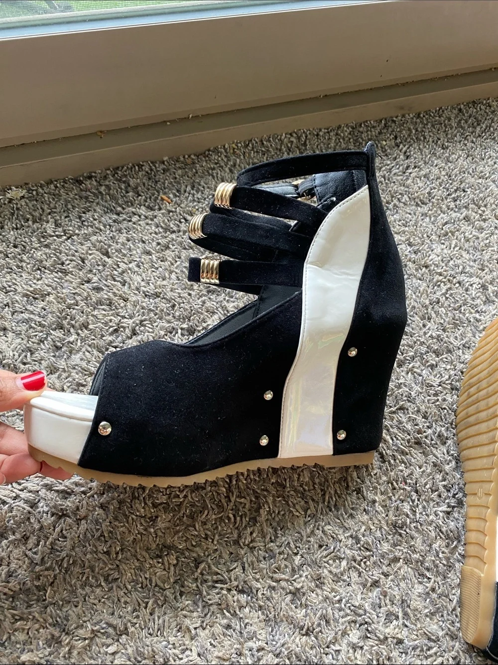 Fashion Nova Black and White Strappy Wedge Sandals
